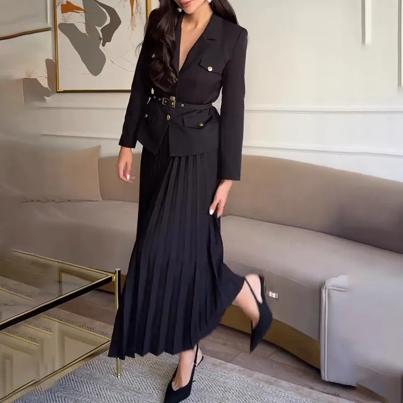EMILIE - Chic Belted Blazer & Pleated Skirt Set