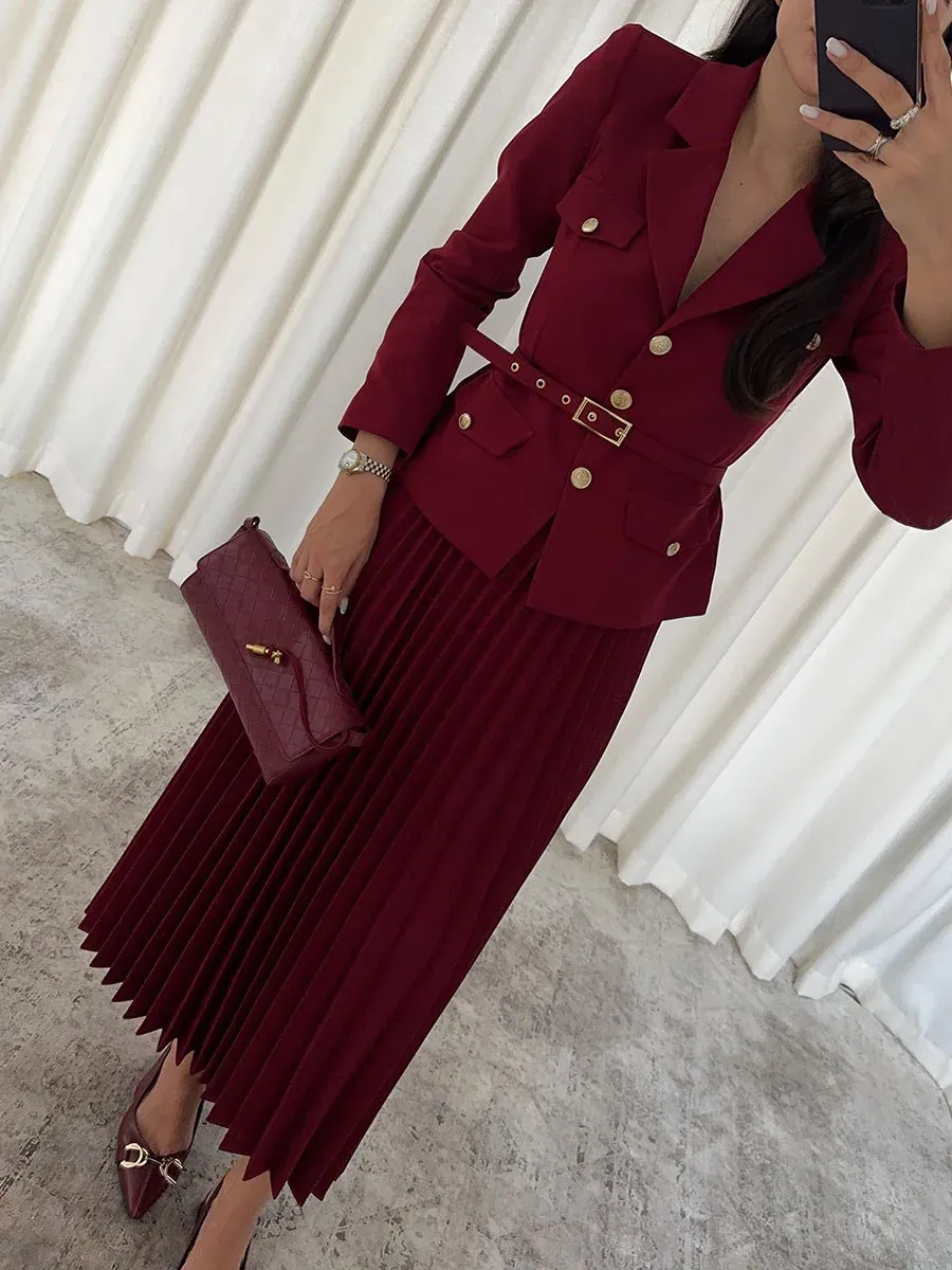 EMILIE - Chic Belted Blazer & Pleated Skirt Set