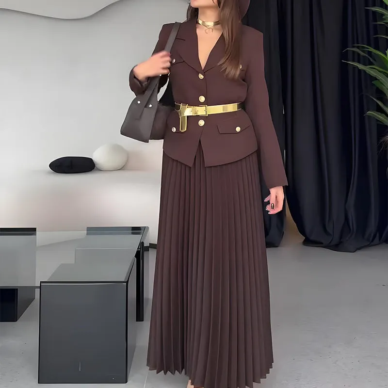 EMILIE - Chic Belted Blazer & Pleated Skirt Set