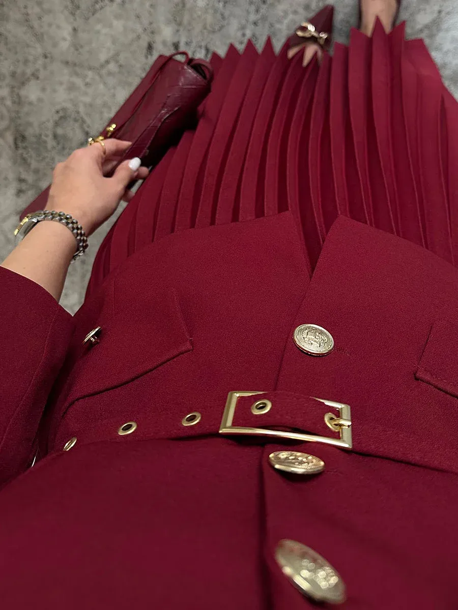 EMILIE - Chic Belted Blazer & Pleated Skirt Set