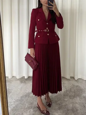 EMILIE - Chic Belted Blazer & Pleated Skirt Set