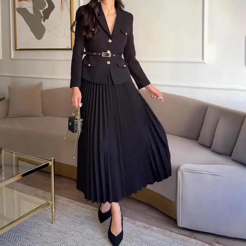 EMILIE - Chic Belted Blazer & Pleated Skirt Set