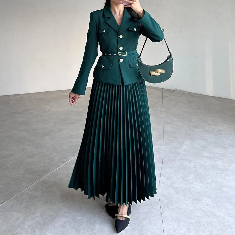 EMILIE - Chic Belted Blazer & Pleated Skirt Set