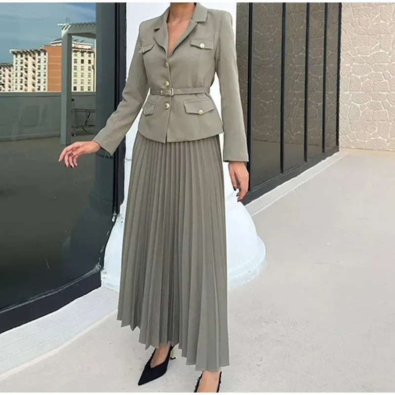 EMILIE - Chic Belted Blazer & Pleated Skirt Set