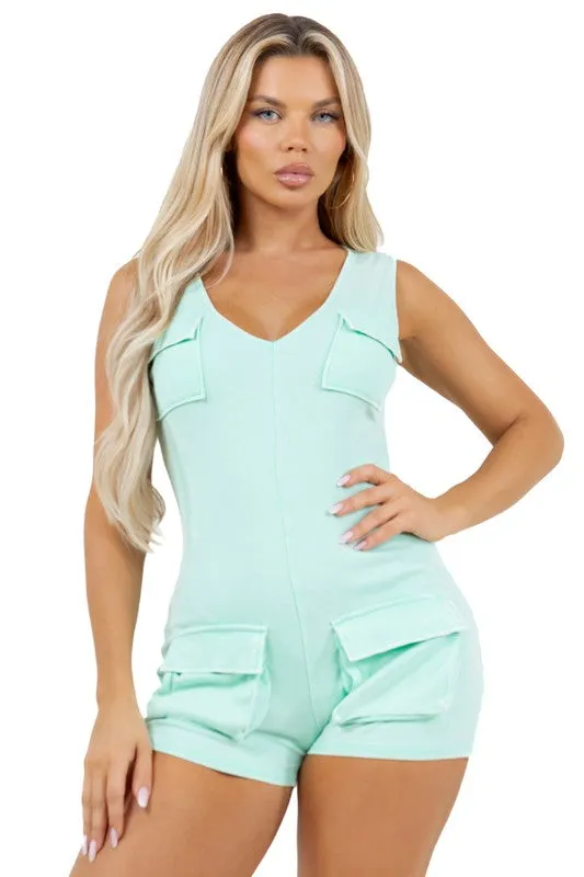 Sleeveless Multi Pocket Stretchy Mint Romper