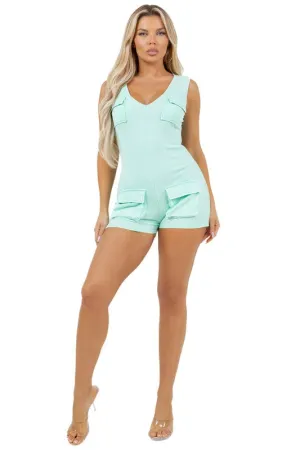 Sleeveless Multi Pocket Stretchy Mint Romper