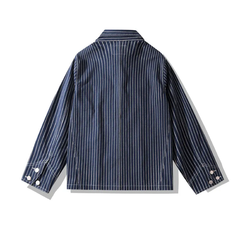 Striped Denim Multi-pocket Motorcycle Jacket