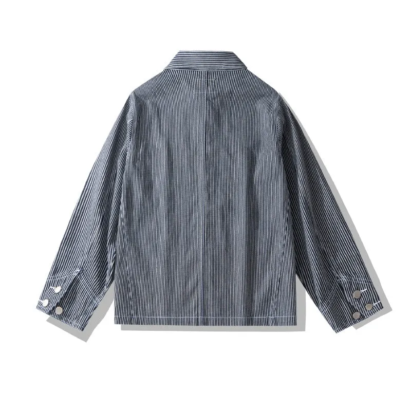 Striped Denim Multi-pocket Motorcycle Jacket