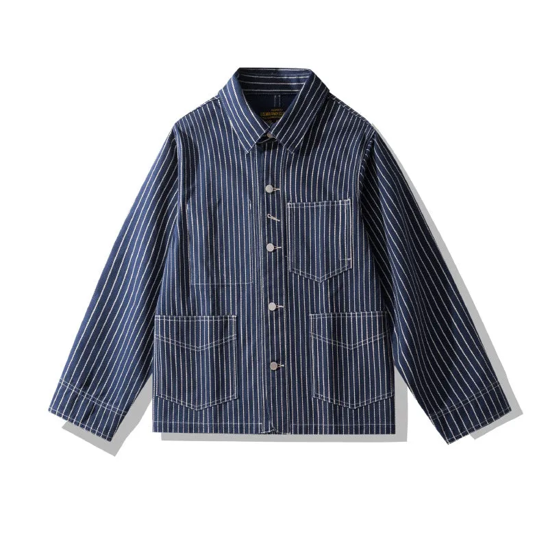Striped Denim Multi-pocket Motorcycle Jacket